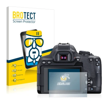 Front side of a product packaging with the brand logo BROTECT. Next to it is the device Canon EOS 850D shown with the correspo