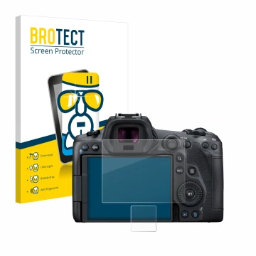 Front side of a product packaging with the brand logo BROTECT. Next to it is the device Canon EOS R5 shown with the correspond