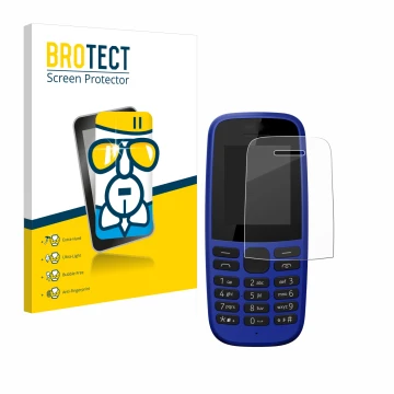 Front side of a product packaging with the brand logo BROTECT. Next to it is the device Nokia 105 DS 2019 shown with the corre