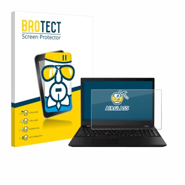 Front side of a product packaging with the brand logo BROTECT. Next to it is the device Lenovo ThinkPad T590 Non-Touch shown w