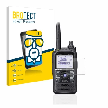 Front side of a product packaging with the brand logo BROTECT. Next to it is the device Icom ID-51E Plus 2 shown with the corr