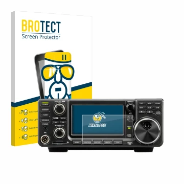 Front side of a product packaging with the brand logo BROTECT. Next to it is the device Icom IC-9700 shown with the correspond