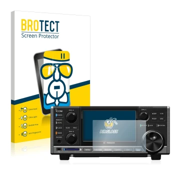 Front side of a product packaging with the brand logo BROTECT. Next to it is the device Icom IC-R8600 shown with the correspon