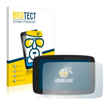Front side of a product packaging with the brand logo BROTECT. Next to it is the device TomTom Go Professional 6200 shown with