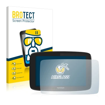 Front side of a product packaging with the brand logo BROTECT. Next to it is the device TomTom Go Professional 620 shown with 