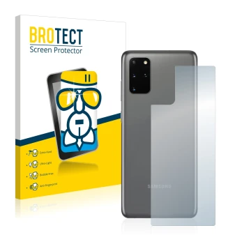 Front side of a product packaging with the brand logo BROTECT. Next to it is the device Samsung Galaxy S20 Plus 5G (Back) show