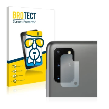 Front side of a product packaging with the brand logo BROTECT. Next to it is the device Samsung Galaxy S20 Plus 5G (ONLY Camer