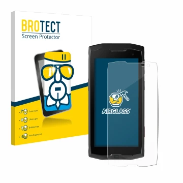 Front side of a product packaging with the brand logo BROTECT. Next to it is the device Crosscall Core M4 shown with the corre