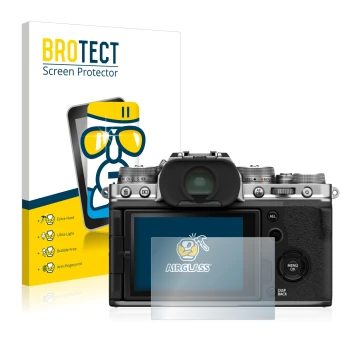 Front side of a product packaging with the brand logo BROTECT. Next to it is the device Fujifilm X-T4 shown with the correspon