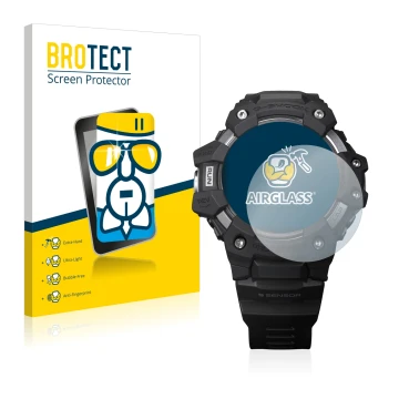 Front side of a product packaging with the brand logo BROTECT. Next to it is the device Casio G-Shock GBD-H1000 shown with the