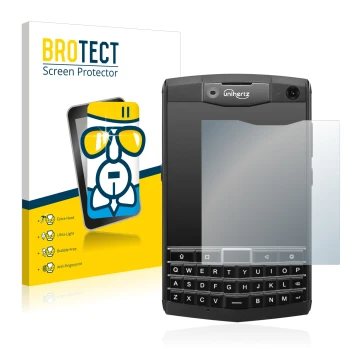 Front side of a product packaging with the brand logo BROTECT. Next to it is the device Unihertz Titan shown with the correspo