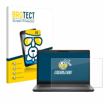 Front side of a product packaging with the brand logo BROTECT. Next to it is the device Dell Latitude 5400 shown with the corr