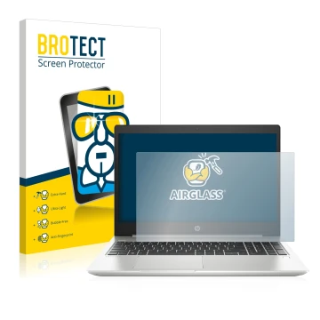 Front side of a product packaging with the brand logo BROTECT. Next to it is the device HP ProBook 450 G6 shown with the corre