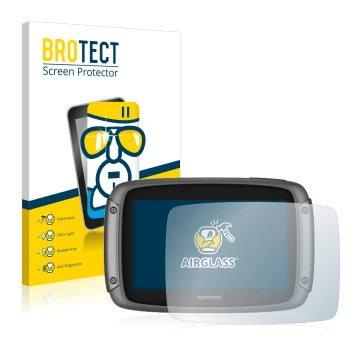 Front side of a product packaging with the brand logo BROTECT. Next to it is the device TomTom Rider 50 shown with the corresp