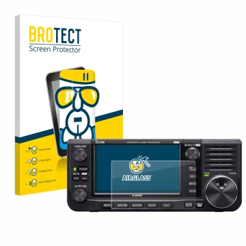 Front side of a product packaging with the brand logo BROTECT. Next to it is the device Icom IC-705 shown with the correspondi