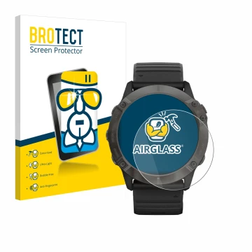 Front side of a product packaging with the brand logo BROTECT. Next to it is the device Garmin Fenix 6X Pro Solar shown with t
