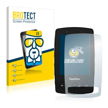 Front side of a product packaging with the brand logo BROTECT. Next to it is the device TwoNav Aventura 2 shown with the corre