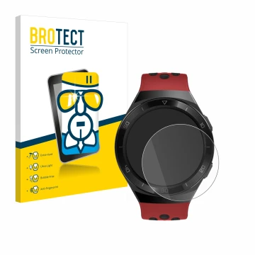 Front side of a product packaging with the brand logo BROTECT. Next to it is the device Huawei Watch GT 2e shown with the corr