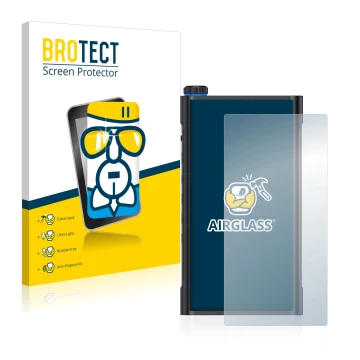 Front side of a product packaging with the brand logo BROTECT. Next to it is the device FiiO M15 shown with the corresponding 