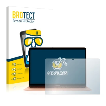 Front side of a product packaging with the brand logo BROTECT. Next to it is the device Apple MacBook Air 13.3