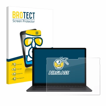 Front side of a product packaging with the brand logo BROTECT. Next to it is the device Microsoft Surface Book 3 15