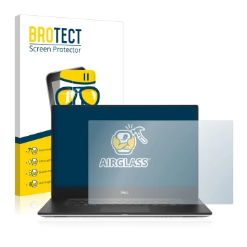 Front side of a product packaging with the brand logo BROTECT. Next to it is the device Dell Precision 5540 shown with the cor