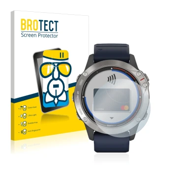 Front side of a product packaging with the brand logo BROTECT. Next to it is the device Garmin quatix 6 shown with the corresp