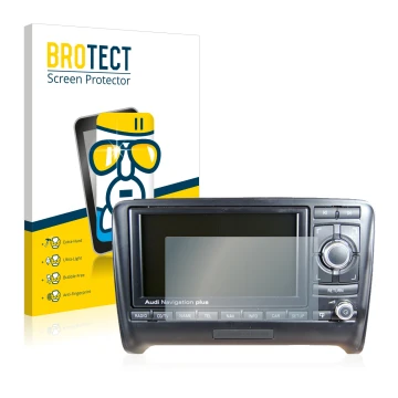Front side of a product packaging with the brand logo BROTECT. Next to it is the device Audi A3 8P 2004-2012 RNS-E shown with 