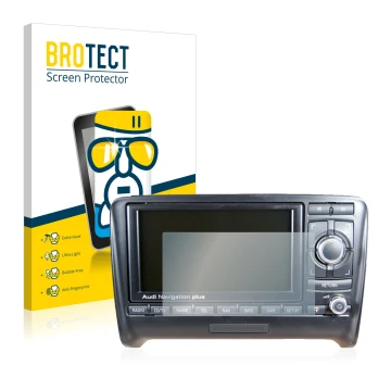 Front side of a product packaging with the brand logo BROTECT. Next to it is the device Audi TT 8J 2006-2014 RNS-E shown with 