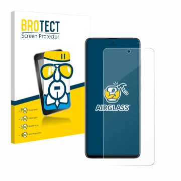 Front side of a product packaging with the brand logo BROTECT. Next to it is the device Samsung Galaxy A51 5G shown with the c