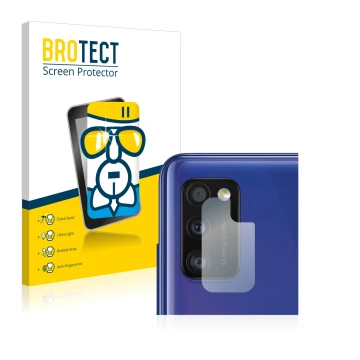 Front side of a product packaging with the brand logo BROTECT. Next to it is the device Samsung Galaxy A41 (ONLY Camera Lens) 