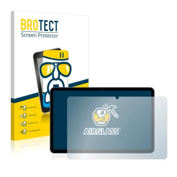 Front side of a product packaging with the brand logo BROTECT. Next to it is the device Huawei MatePad 10.4 shown with the cor