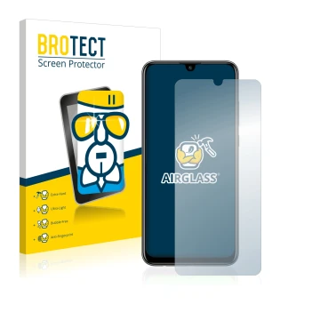 Front side of a product packaging with the brand logo BROTECT. Next to it is the device Huawei P smart 2020 shown with the cor