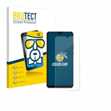 Front side of a product packaging with the brand logo BROTECT. Next to it is the device Huawei P30 lite New Edition shown with