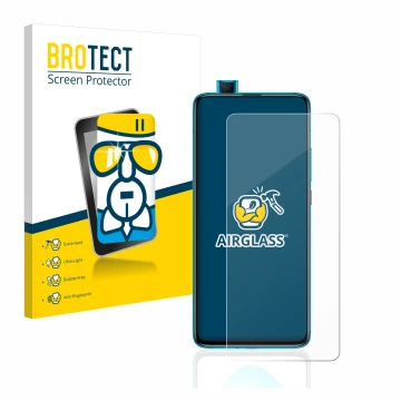 Front side of a product packaging with the brand logo BROTECT. Next to it is the device Xiaomi Poco F2 Pro shown with the corr
