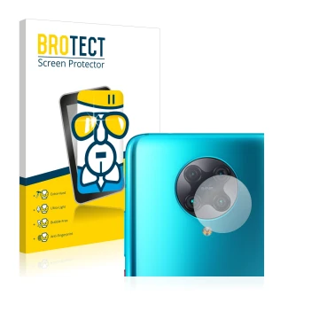 Front side of a product packaging with the brand logo BROTECT. Next to it is the device Xiaomi Poco F2 Pro (ONLY Camera Lens) 