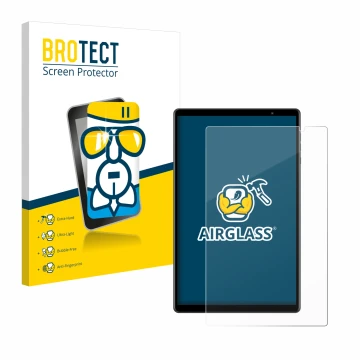 Front side of a product packaging with the brand logo BROTECT. Next to it is the device Teclast P10S shown with the correspond