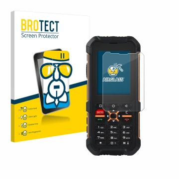 Front side of a product packaging with the brand logo BROTECT. Next to it is the device RugGear RG170 shown with the correspon