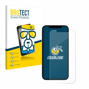 Front side of a product packaging with the brand logo BROTECT. Next to it is the device Apple iPhone 12 shown with the corresp