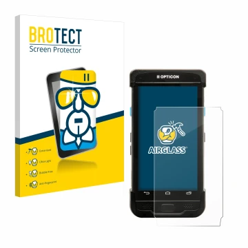 Front side of a product packaging with the brand logo BROTECT. Next to it is the device Opticon H-31 shown with the correspond