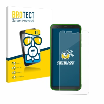 Front side of a product packaging with the brand logo BROTECT. Next to it is the device Blackview BV6300 Pro shown with the co