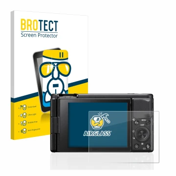 Front side of a product packaging with the brand logo BROTECT. Next to it is the device Sony ZV-1 shown with the corresponding