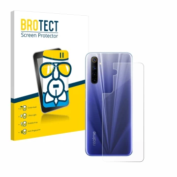 Front side of a product packaging with the brand logo BROTECT. Next to it is the device realme 6 (Back) shown with the corresp