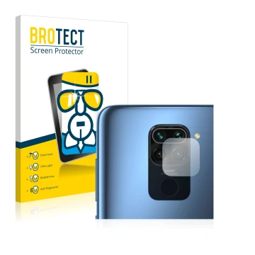 Front side of a product packaging with the brand logo BROTECT. Next to it is the device Xiaomi Redmi Note 9 (ONLY Camera Lens)