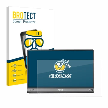 Front side of a product packaging with the brand logo BROTECT. Next to it is the device ASUS ZenScreen MB16AC shown with the c