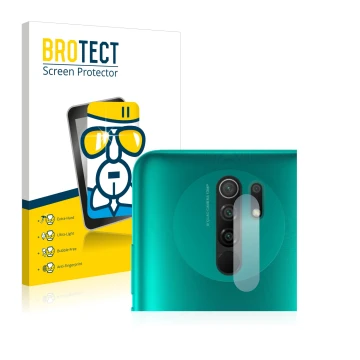 Front side of a product packaging with the brand logo BROTECT. Next to it is the device Xiaomi Redmi 9 (ONLY Camera Lens) show