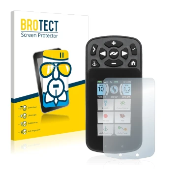 Front side of a product packaging with the brand logo BROTECT. Next to it is the device Minn Kota I-Pilot Link shown with the 