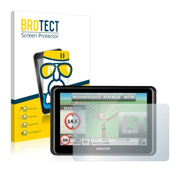 Front side of a product packaging with the brand logo BROTECT. Next to it is the device Snooper Truckmate S6900 shown with the