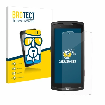 Front side of a product packaging with the brand logo BROTECT. Next to it is the device Crosscall Core X4 shown with the corre