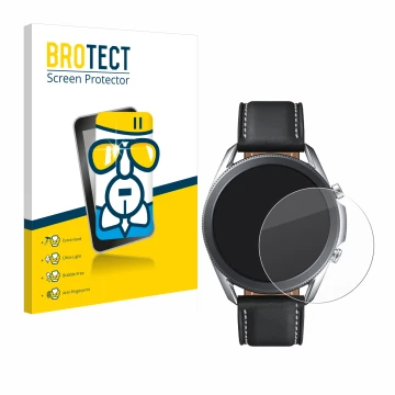 Front side of a product packaging with the brand logo BROTECT. Next to it is the device Samsung Galaxy Watch 3 (45mm) shown wi